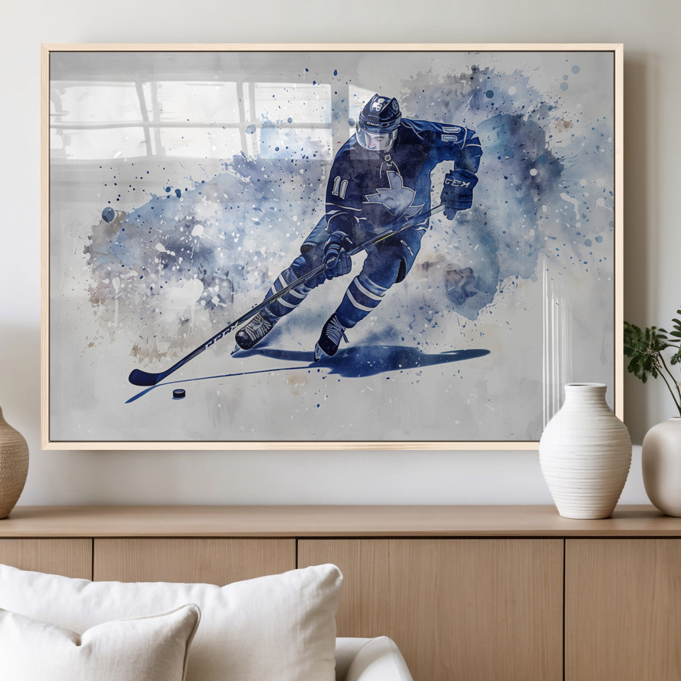 MGV-FP-60X30-3P - Hockey Player Wall Art Canvas Print - Sports-Inspired Watercolor Decor - Ready to Hang
