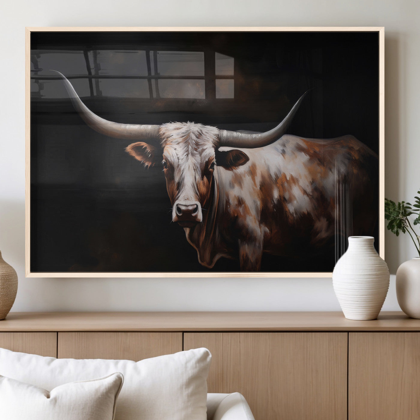 82543-MGV-FP-60X30-3P_Natural-Texas Longhorn Wall Art Canvas Print | Western Ranch Decor | Bold Rustic Cattle Artwork | Ready to