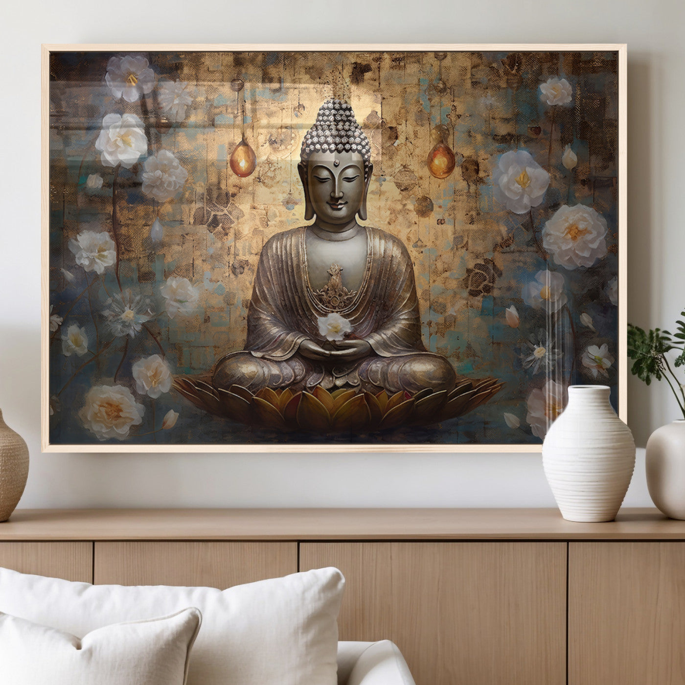 MGV-FP-60X30-3P - Golden Buddha Wall Art Canvas Print | Zen Meditation Floral Decor | Tranquil Spiritual Home Art |