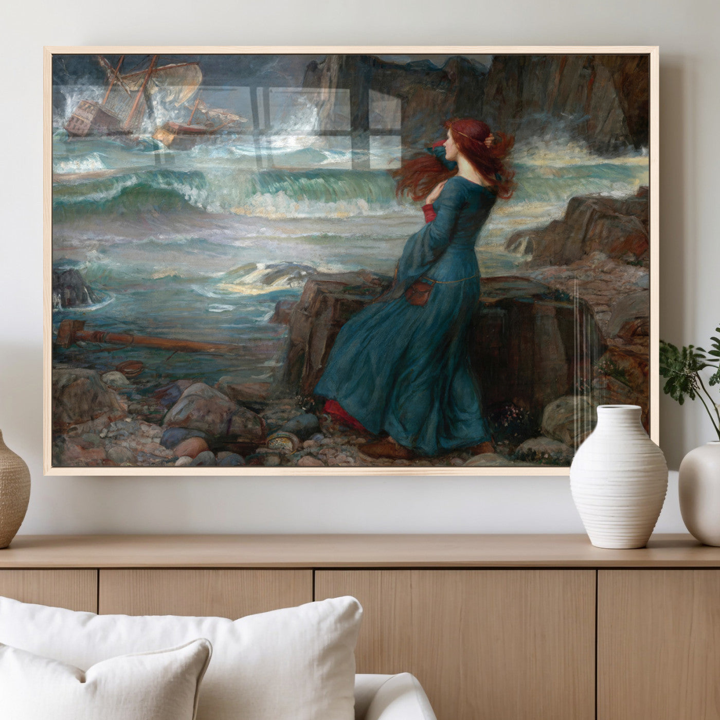 1-MGV-FP-36X24-3P_Natural-Miranda by the Shore Wall Art Canvas Print – Tempest Scene Ocean Storm – Ready to Hang