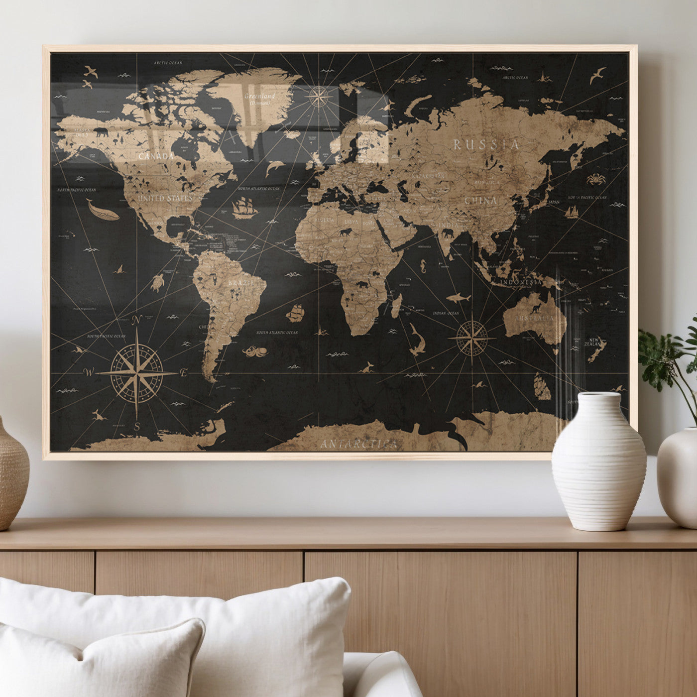 61023-MGV-FP-60X30-3P_Natural-World Map Canvas Print – Framed Wall Art for Home Decor