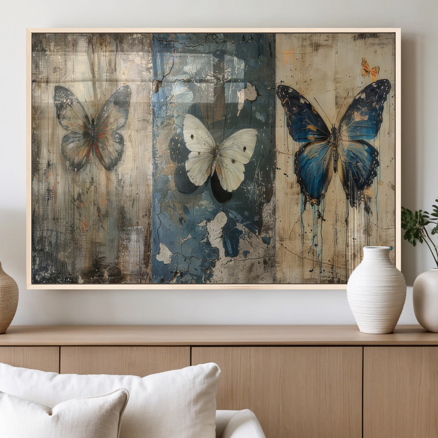 MGV-FP-36X24-3P - Butterfly Wall Art Trio | Vintage Butterfly Canvas Print | Ready to Hang Framed Artwork for