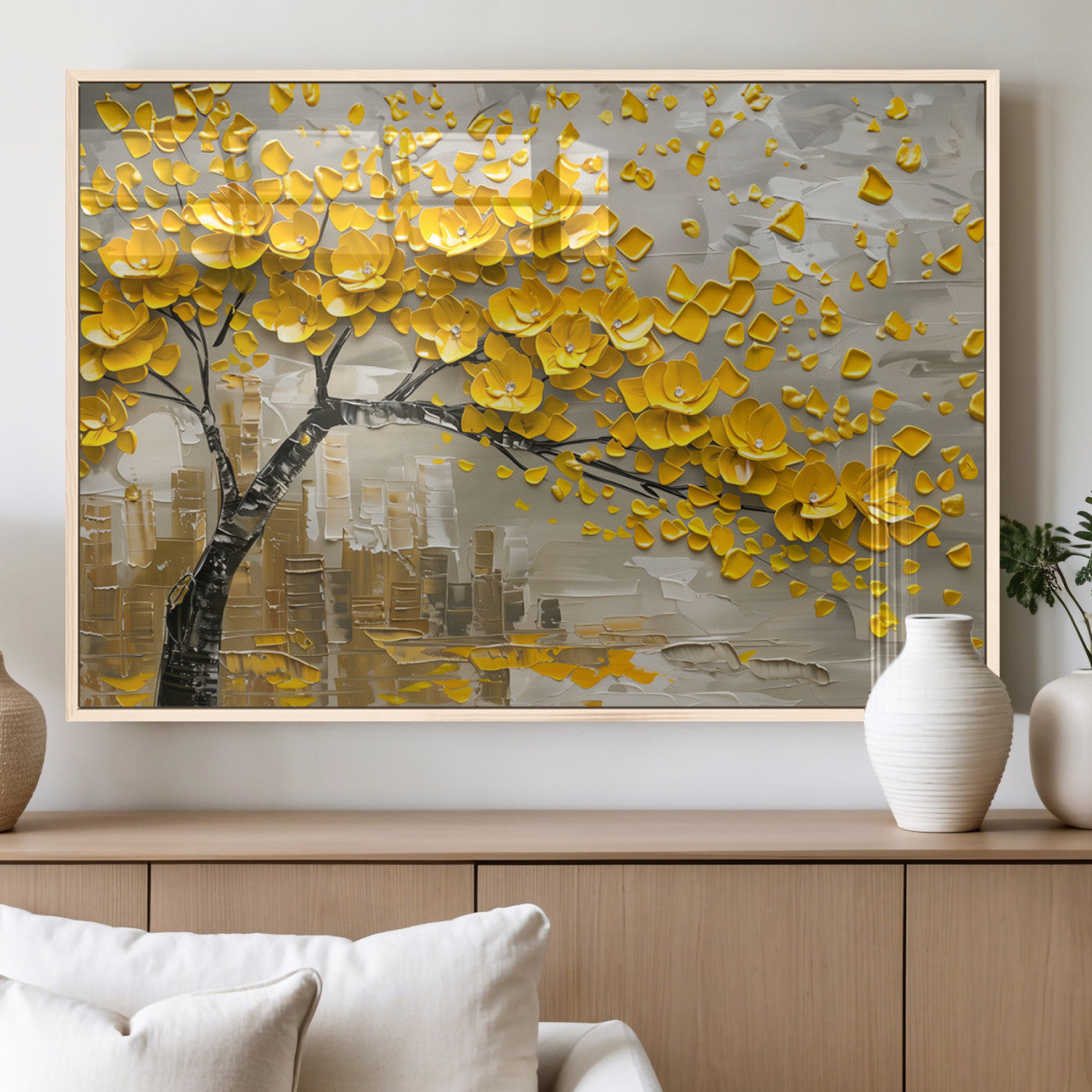 MGV-FP-60X30-3P - Yellow Blossom Tree Canvas Wall Art - Floral Abstract Modern Contemporary Artwork for Living Room or