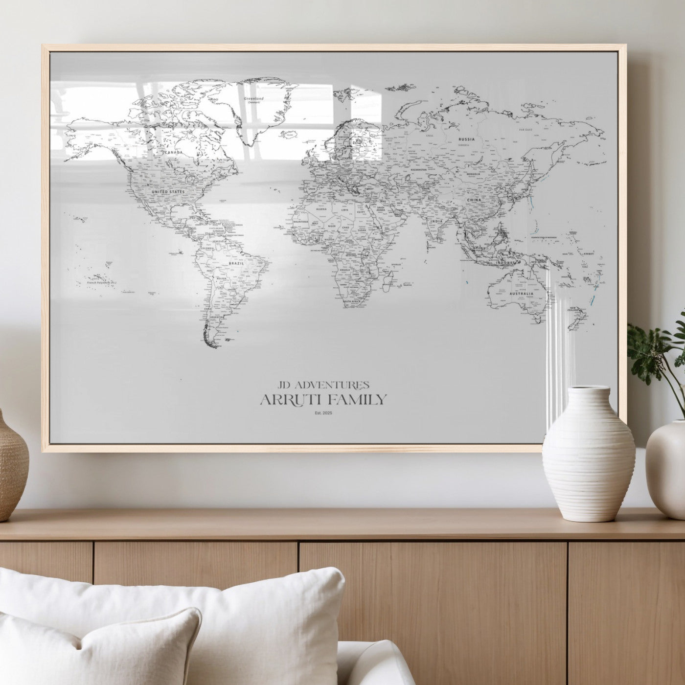 MGV-FP-60X30-3P - Custom World Map Wall Art – Personalized Framed Canvas Print with Push Pins for Travel Tracking,