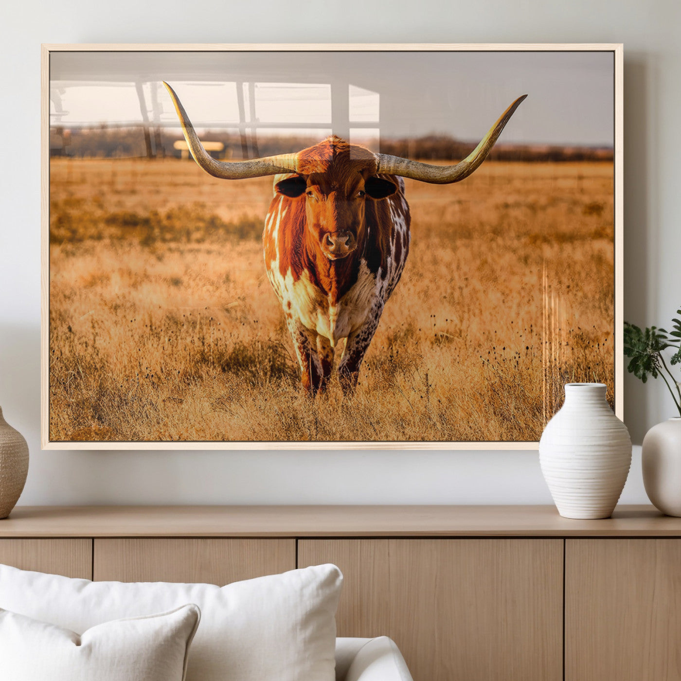 MGV-FP-60X30-3P - Longhorn Cow Wall Art | Ready to Hang Framed Canvas Print for Farmhouse and Barn Decor
