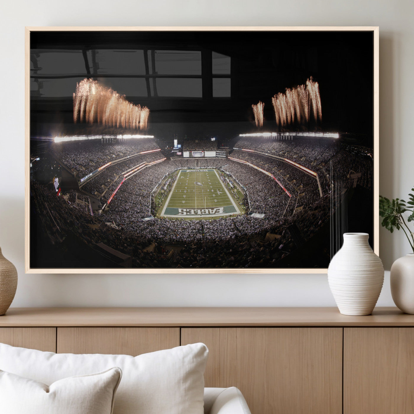48893-MGV-FP-60X30-3P_Natural-Eagles Field Stadium Wall Art - Lincoln Financial Field Fireworks Game Triple Canvas Wall Art -