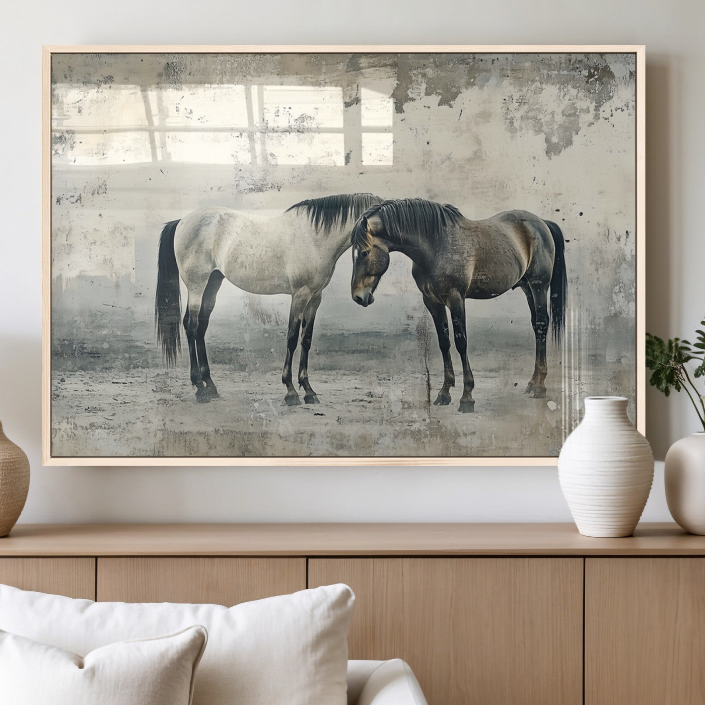 MGV-FP-60X30-3P - Chines Style Majestic Horses Wall Art | Ready to Hang and Framed Triptych Print | Western Farmhouse