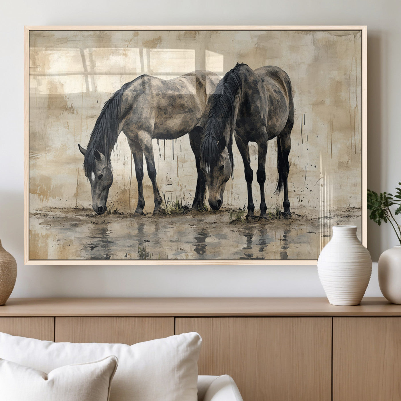 MGV-FP-60X30-3P - Chinese Style Abstract Black Horses Wall Art Canvas Print - Abstract Horse Wall Art Canvas Print