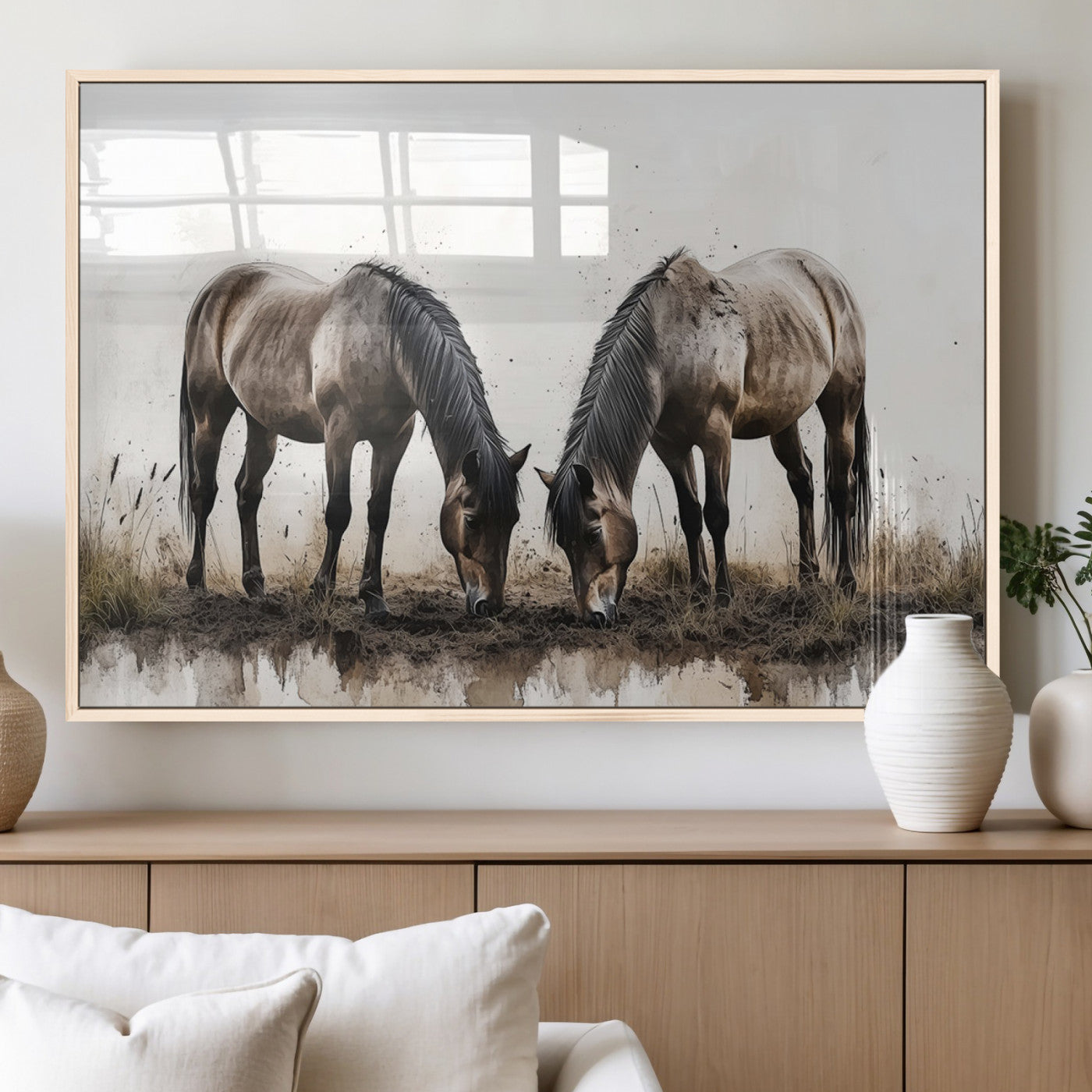 MGV-FP-60X30-3P - Chines Ink Style Horses Wall Art Canvas Print