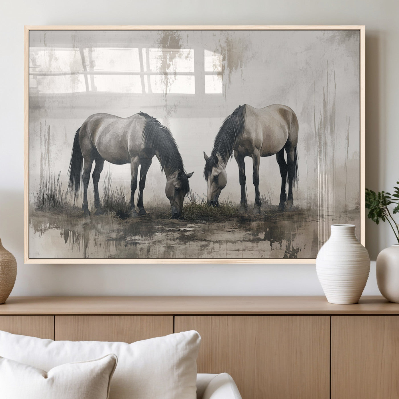 MGV-FP-60X30-3P - Chines Ink Style Vintage Horses Wall Art Canvas Print for Farmhouse Wall Decor