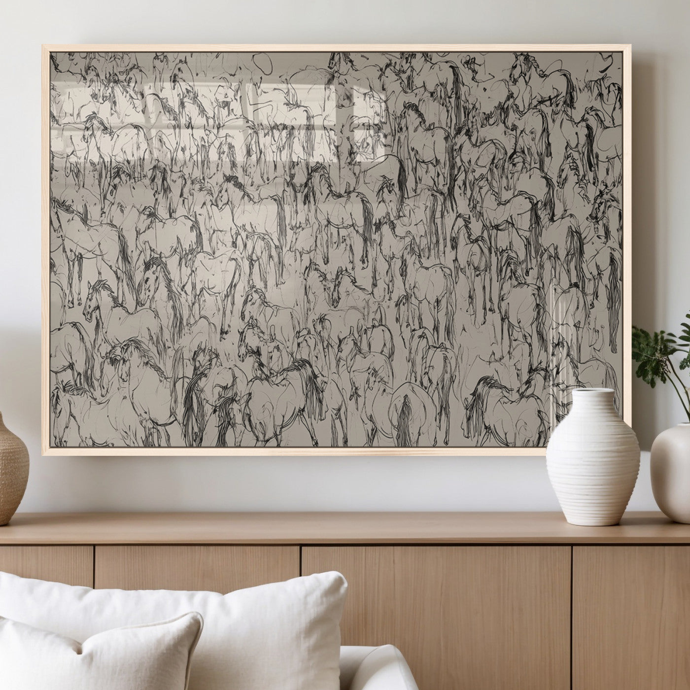 25718-MGV-FP-60X30-3P_Natural-Abstract Horse Sketch Wall Art | Ready to Hang and Framed | Farmhouse Wall Decor for Living Room or