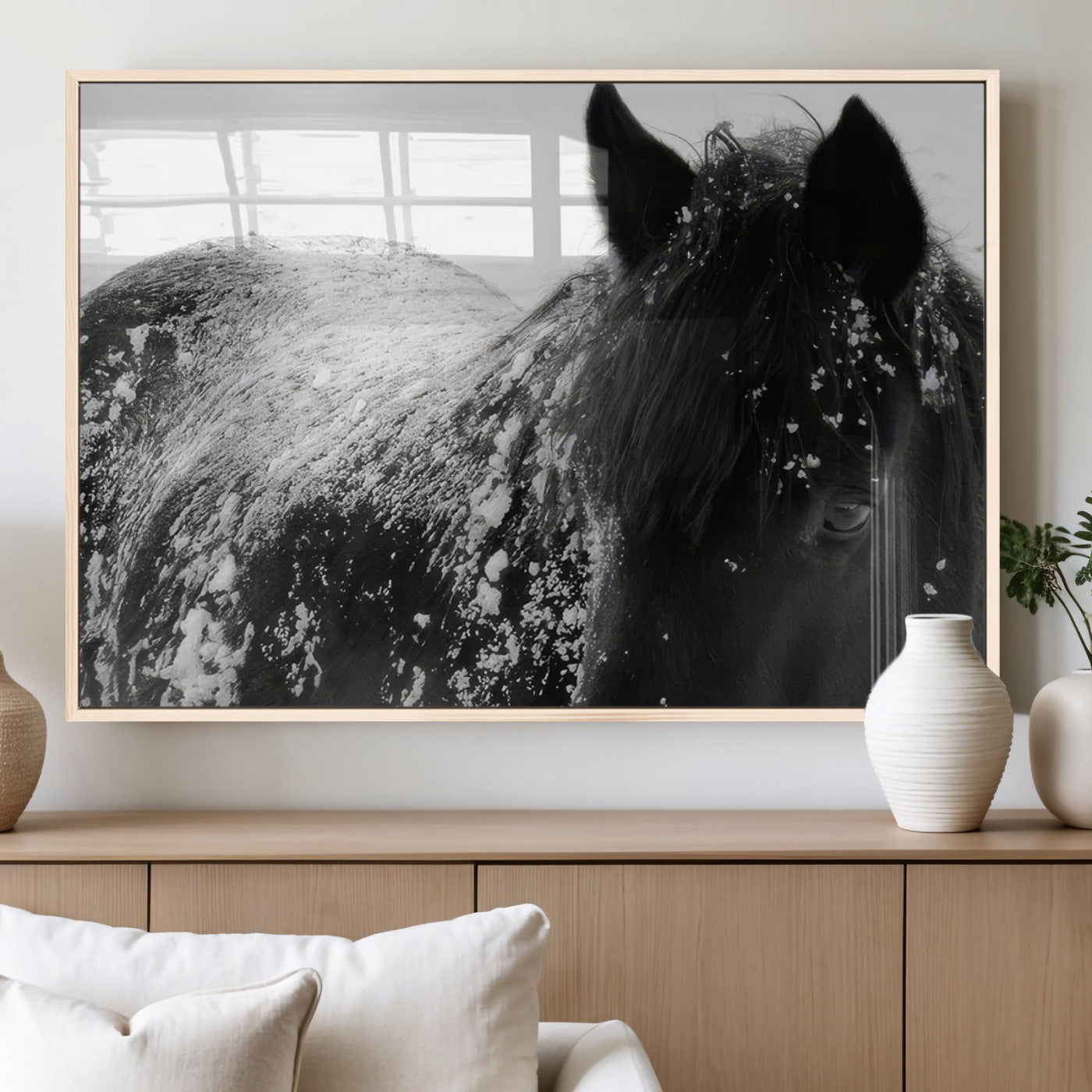 MGV-FP-60X30-3P - Black Horse in Snow Canvas Print | Winter Horse Wall Art | Ready to Hang and Framed | Farmhouse Wall