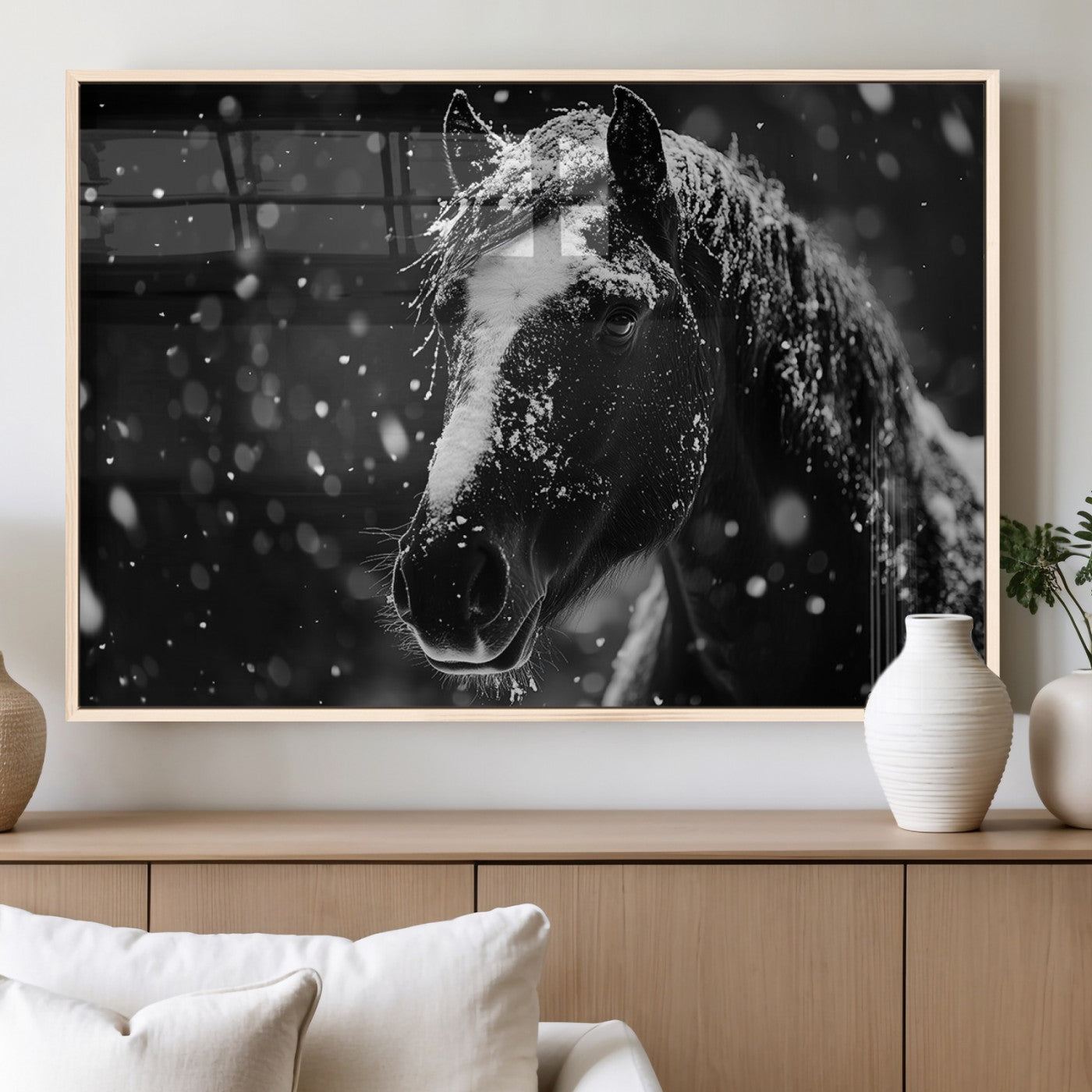 MGV-FP-60X30-3P - Winter Horse Wall Art | Black and White Horse Print | Ready to Hang and Framed | Farmhouse Wall Art