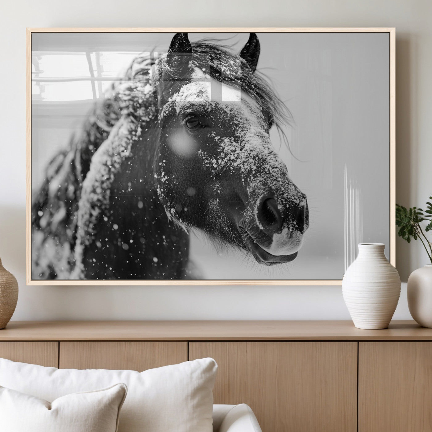 MGV-FP-60X30-3P - Winter Horse Canvas Print | Large 3-Panel Black White Equine Photography for Rustic Farmhouse Wall