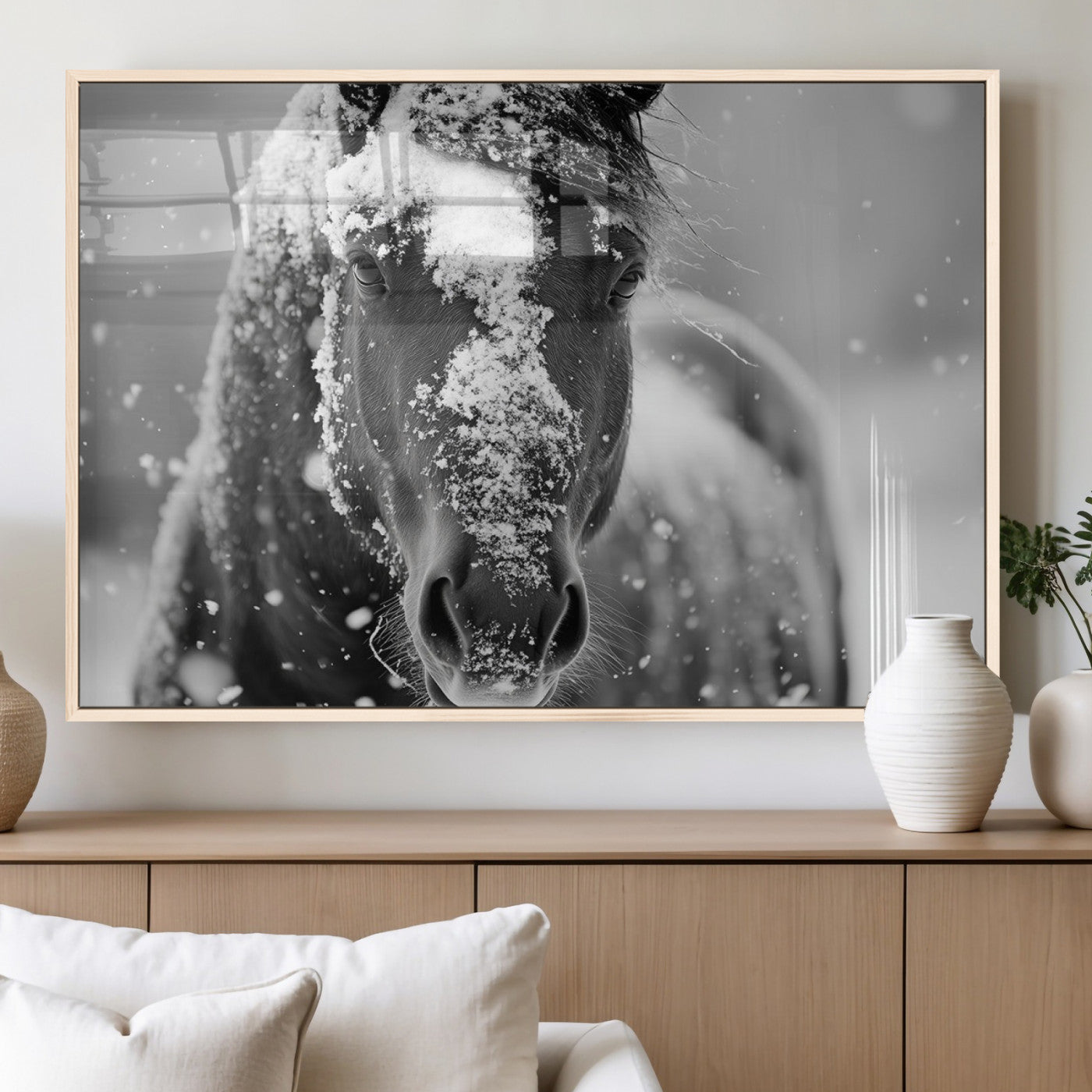 MGV-FP-60X30-3P - Black and White Horse Winter Wall Art | Ready to Hang and Framed | Farmhouse Wall Decor | Western