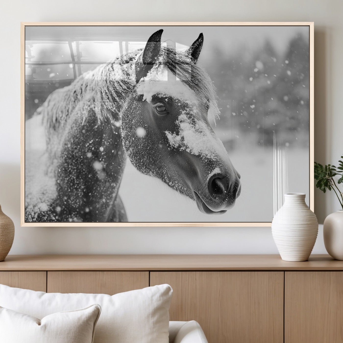 MGV-FP-60X30-3P - Black Horse Winter Wall Art | Ready to Hang and Framed | Farmhouse and Western Wall Decor for Living