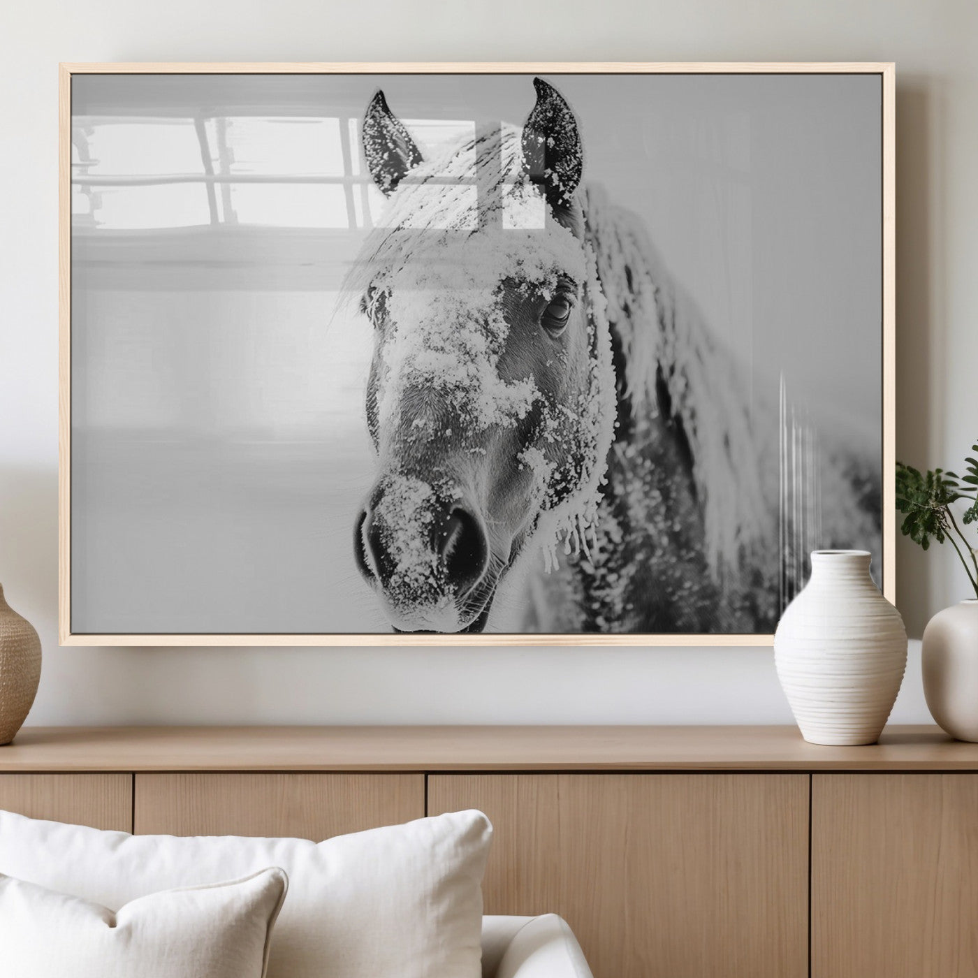 MGV-FP-36X24-3P - White Horse Wall Art | Ready to Hang and Framed | Winter Horse Wall Art Print for Farmhouse and