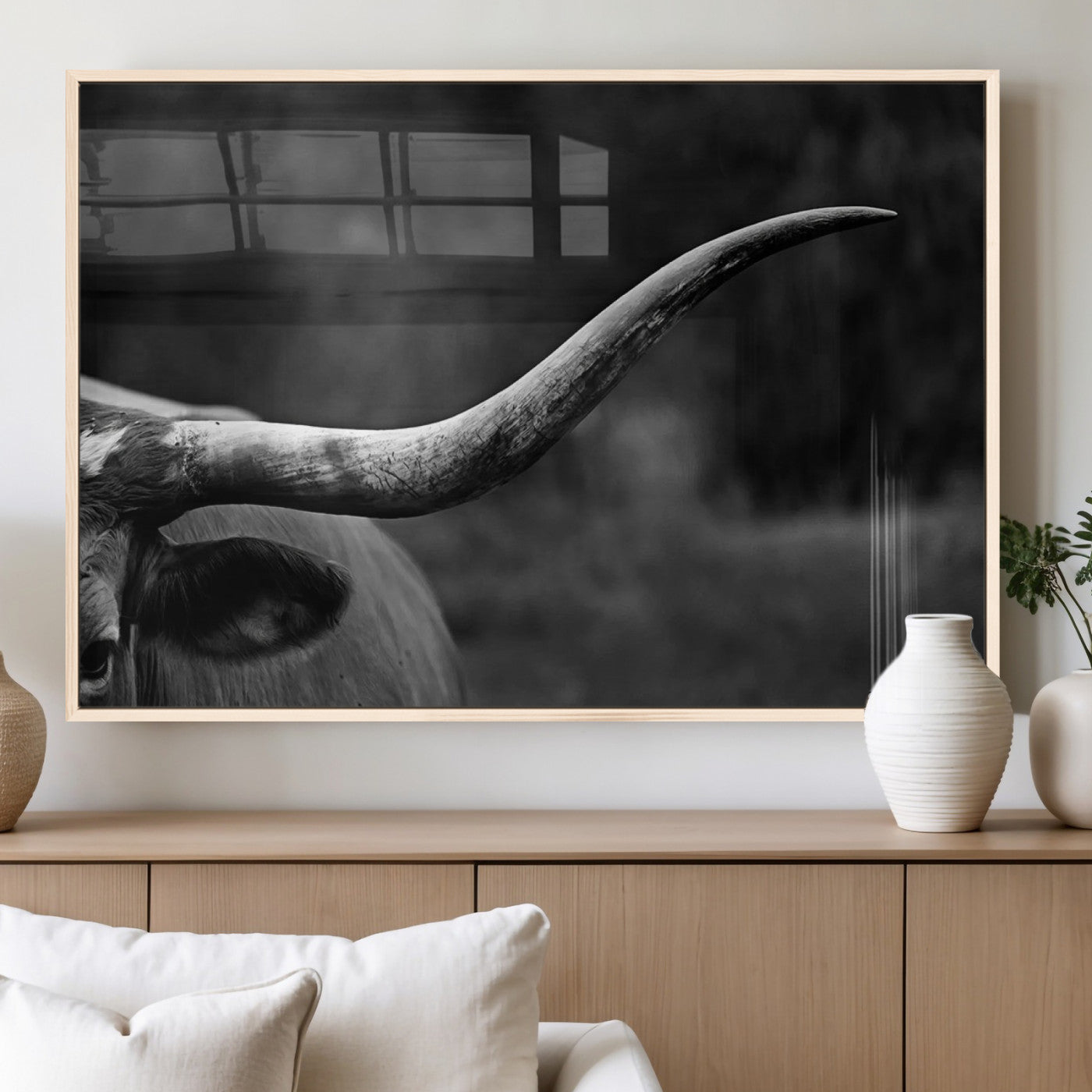 MGV-FP-60X30-3P - Cow Longhorn Wall Art | Black and White Print | Ready to Hang and Framed | Farmhouse Wall Decor |
