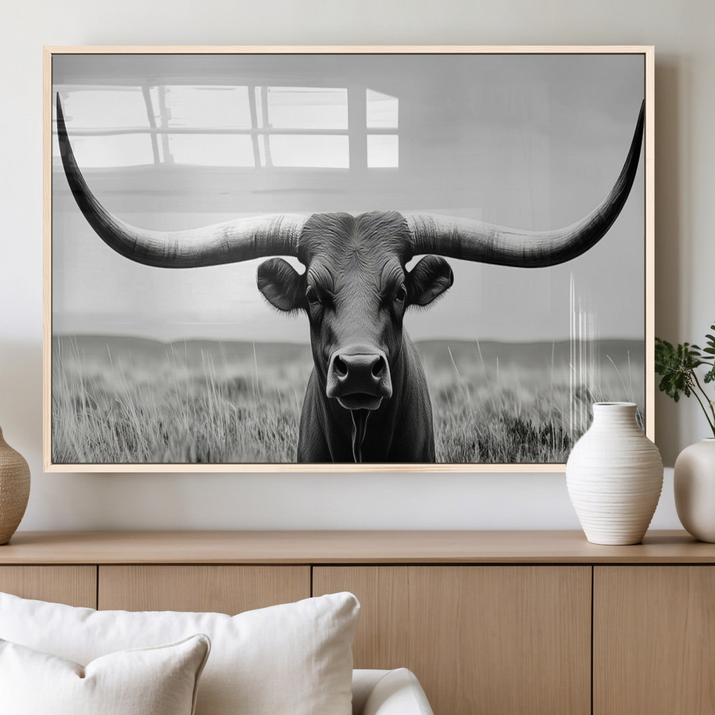 73780-MGV-FP-36X24-3P_Natural-Longhorn Bull Canvas Print | Rustic Farmhouse Wall Art | Western Decor | Ready to Hang and Framed