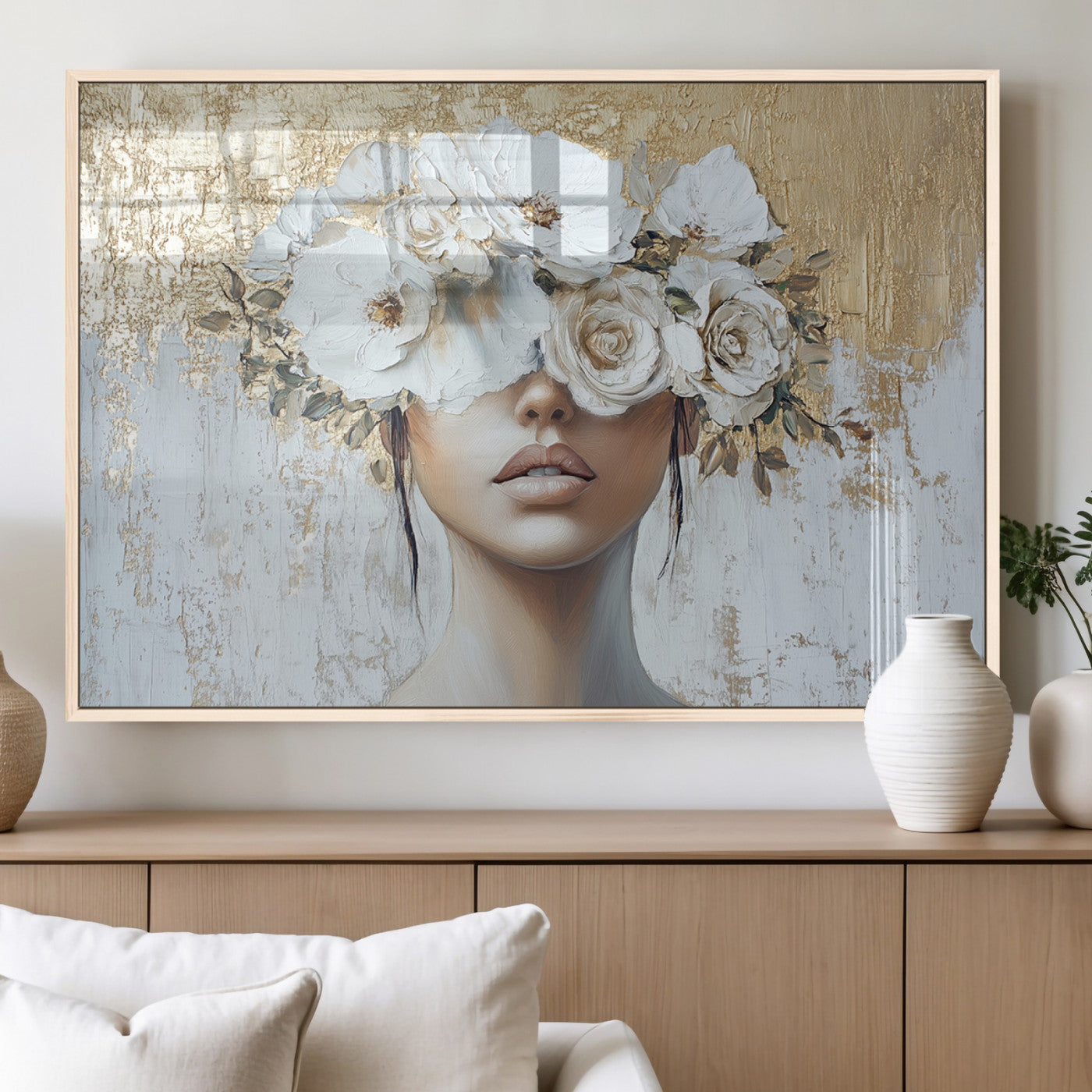 MGV-FP-36X24-3P - Golden Petal Wall Art - Canvas Print Flower Head Woman Painting Floral Woman Portrait Wall Decor,