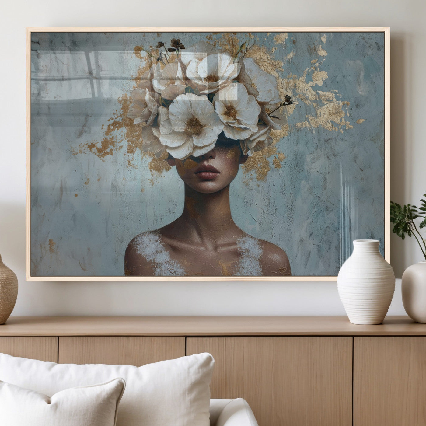 MGV-FP-36X24-3P - Golden Petal Wall Art - Petal Silhouette Woman Wall Art Canvas Print | Large 3-Panel Canvas with