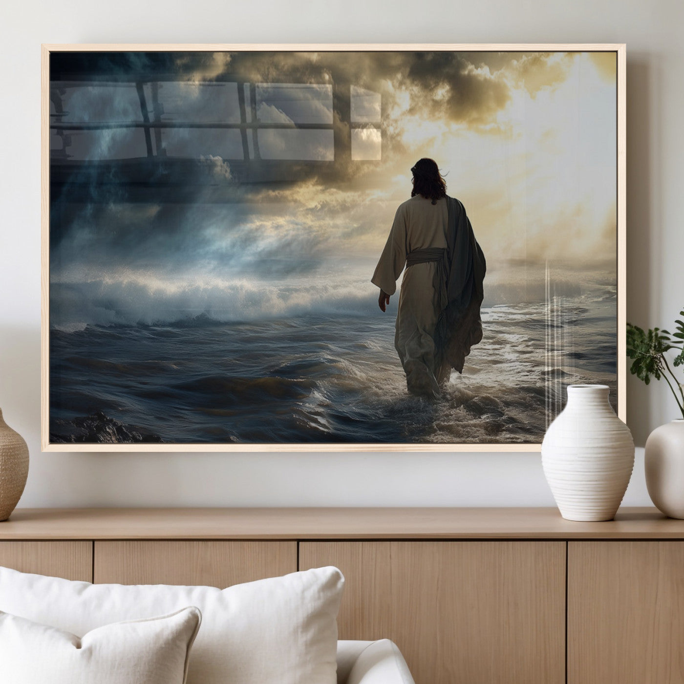 MGV-FP-60X30-3P - Jesus Walking on Water Wall Art | Canvas Print | Ready to Hang | Christian Home Decor | Spiritual