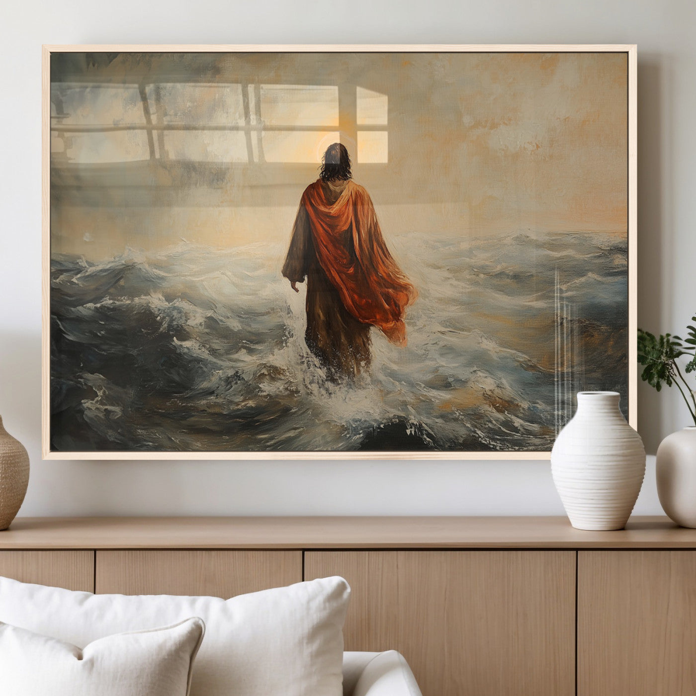 MGV-FP-60X30-3P - Jesus Walking on Water, Christian Wall Art, Jesus Christ Walking on Oil Painting Style Print