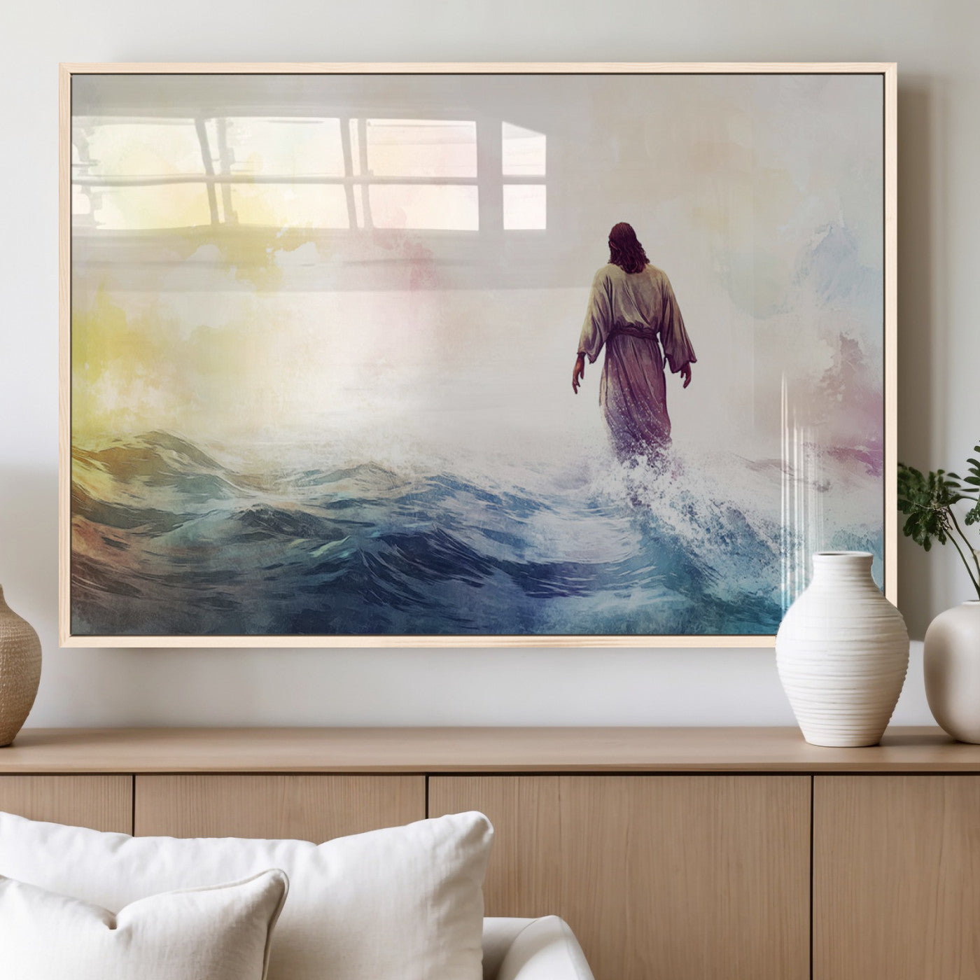 MGV-FP-60X30-3P - Watercolor Jesus Walking on Water Canvas Print, Christian Wall Art, Jesus Christ Walking