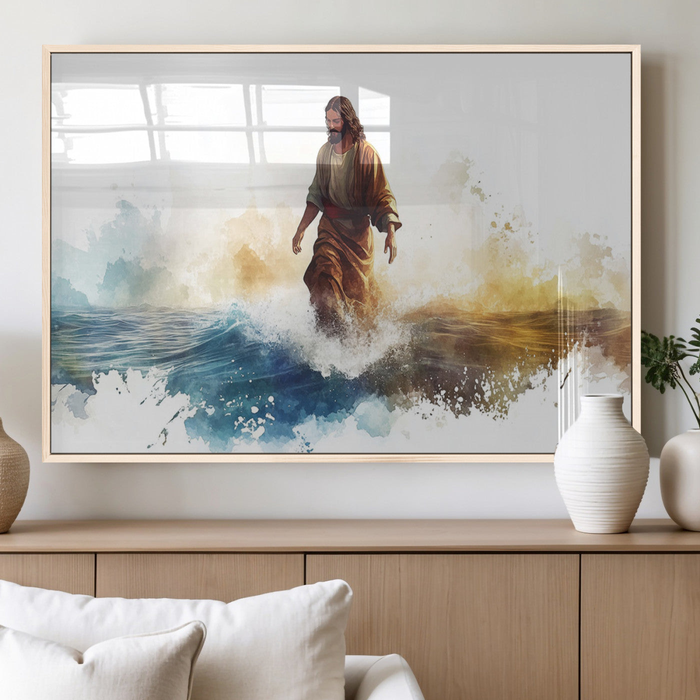 MGV-FP-60X30-3P - Watercolor Jesus Walking Wall Art Print, Jesus Water Canvas Print, Christian Wall Art, Jesus Christ