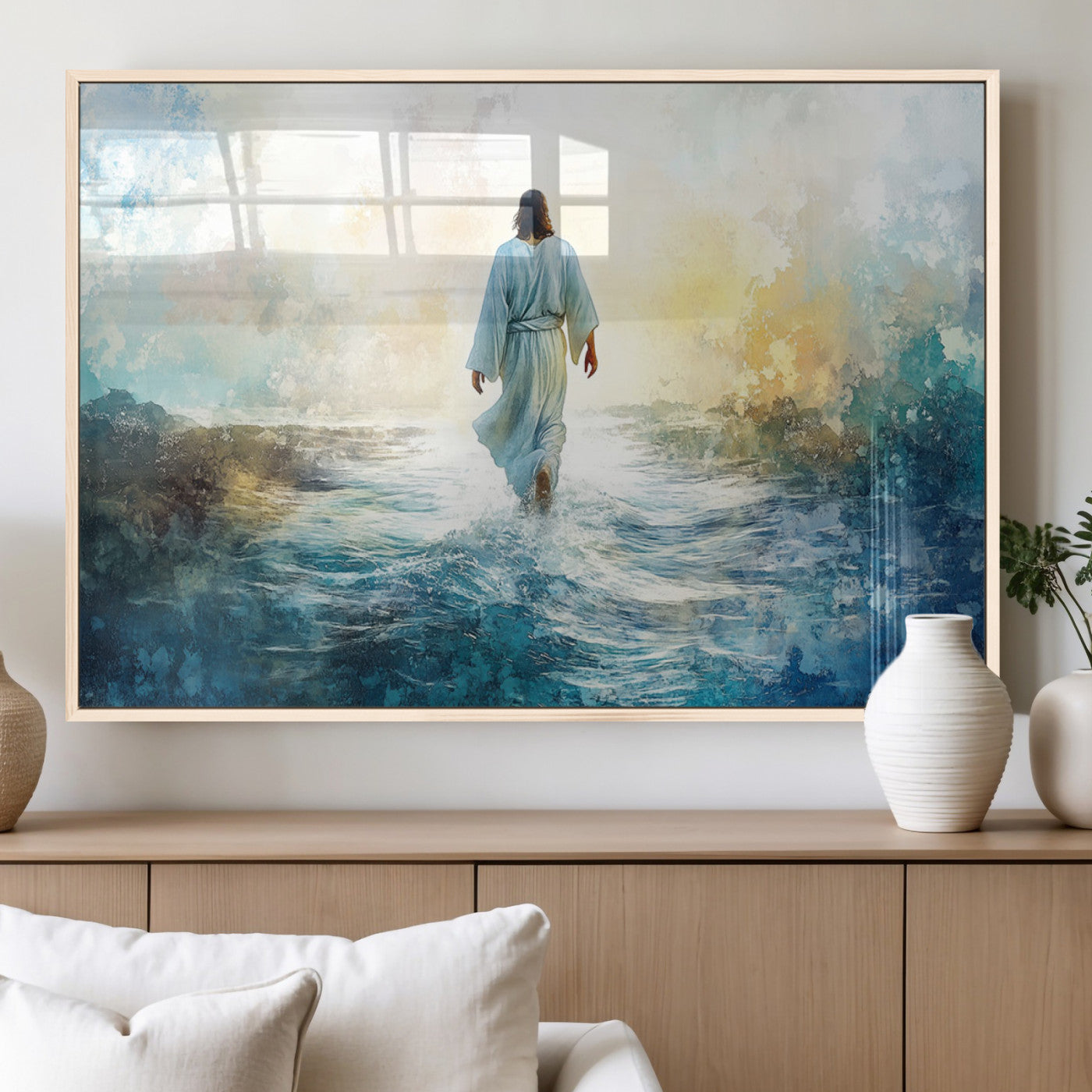 MGV-FP-60X30-3P - Watercolor Jesus Walking on Water Canvas Print, Christian Wall Art, Jesus Christ Walking