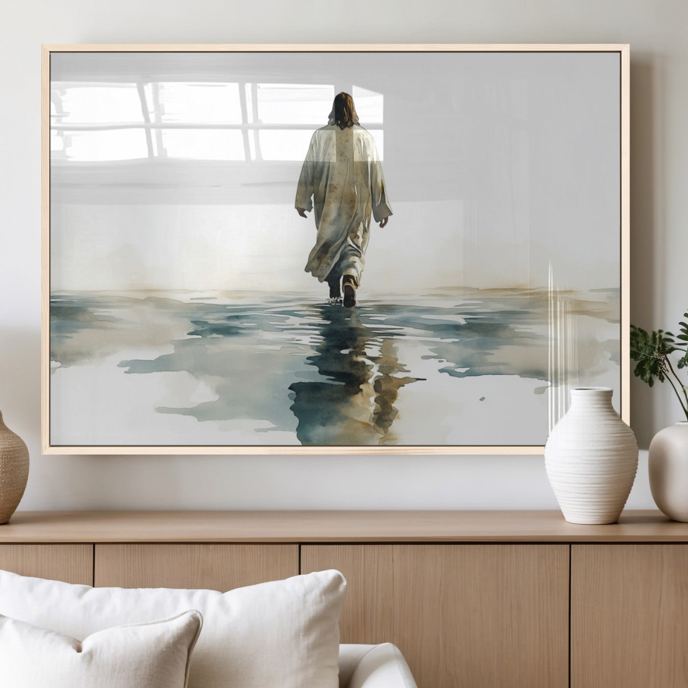 MGV-FP-60X30-3P - Watercolor Jesus Walking on Water Canvas Print, Christian Wall Art, Jesus Christ Walking