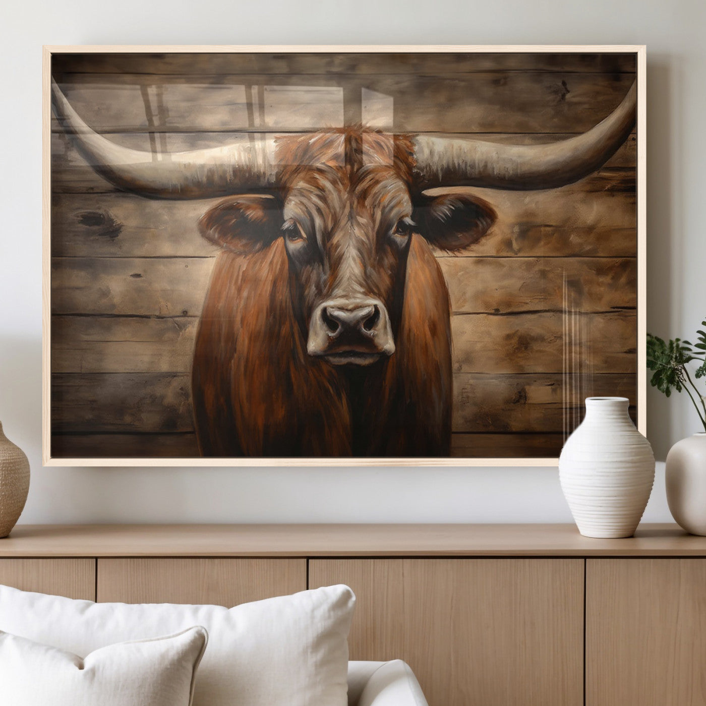77556-MGV-FP-60X30-3P_Natural-Longhorn Bull Wall Art | Canvas Print | Ready to Hang | Rustic Farmhouse Wall Decor | Western Barn