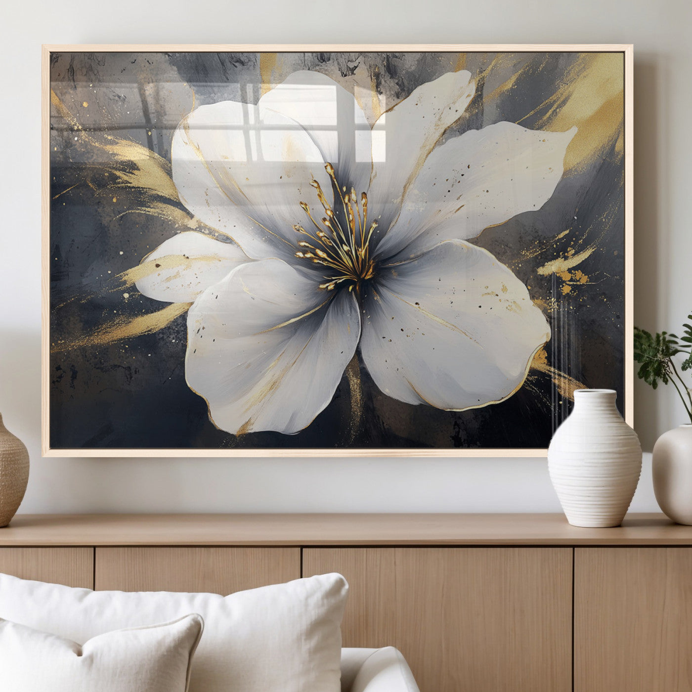 MGV-FP-60X30-3P - White Flower Wall Art Canvas Print | Ready to Hang | Abstract Floral Wall Decor | Elegant Bloom