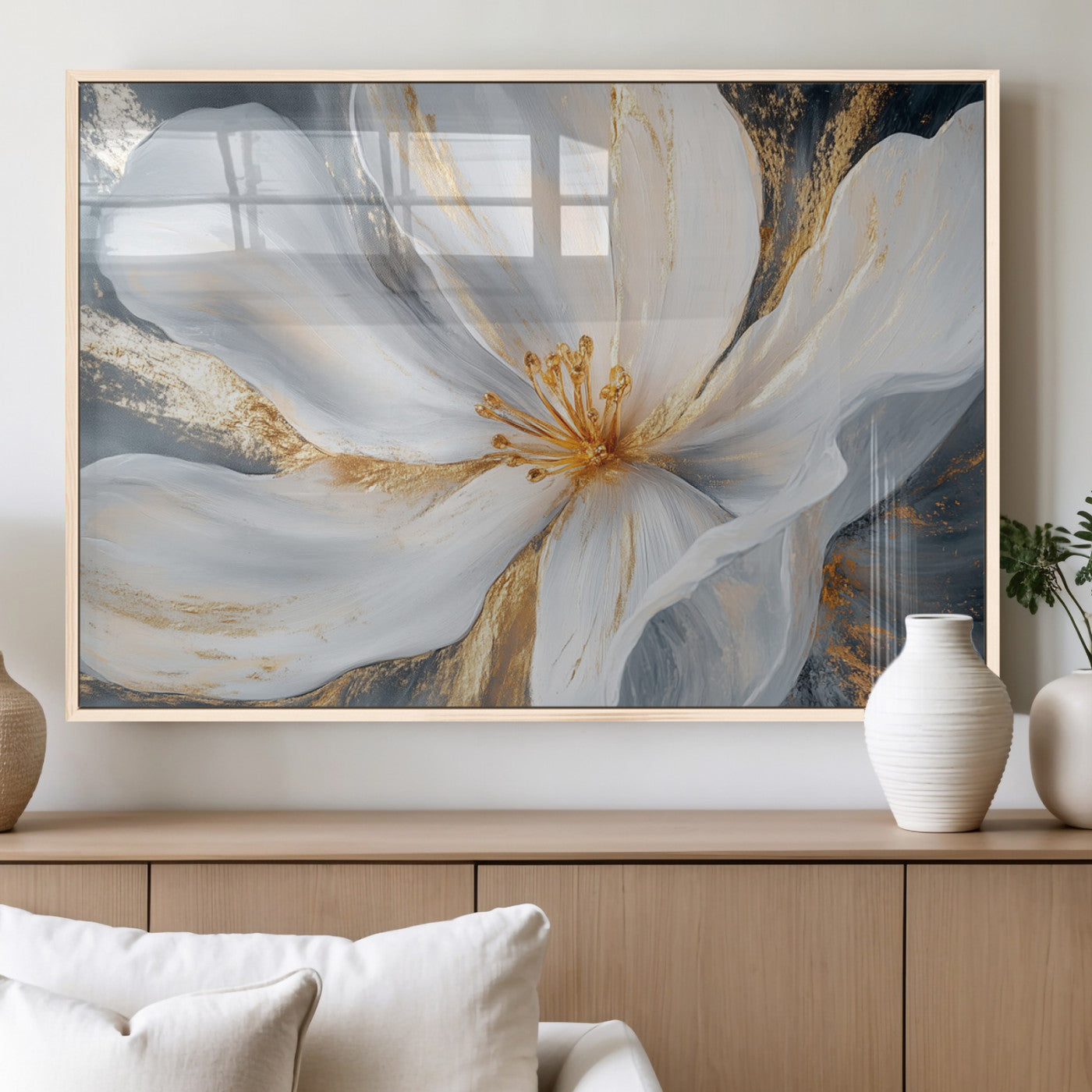 MGV-FP-60X30-3P - White and Gold Floral Canvas Wall Art - Framed and Ready to Hang - Perfect for Modern Living Rooms