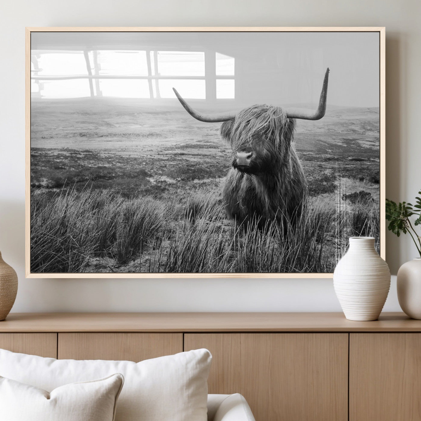 MGV-FP-60X30-3P - Scottish Highland Cow Wall Art | Black and White Canvas Print | Ready to Hang and Framed | Rustic