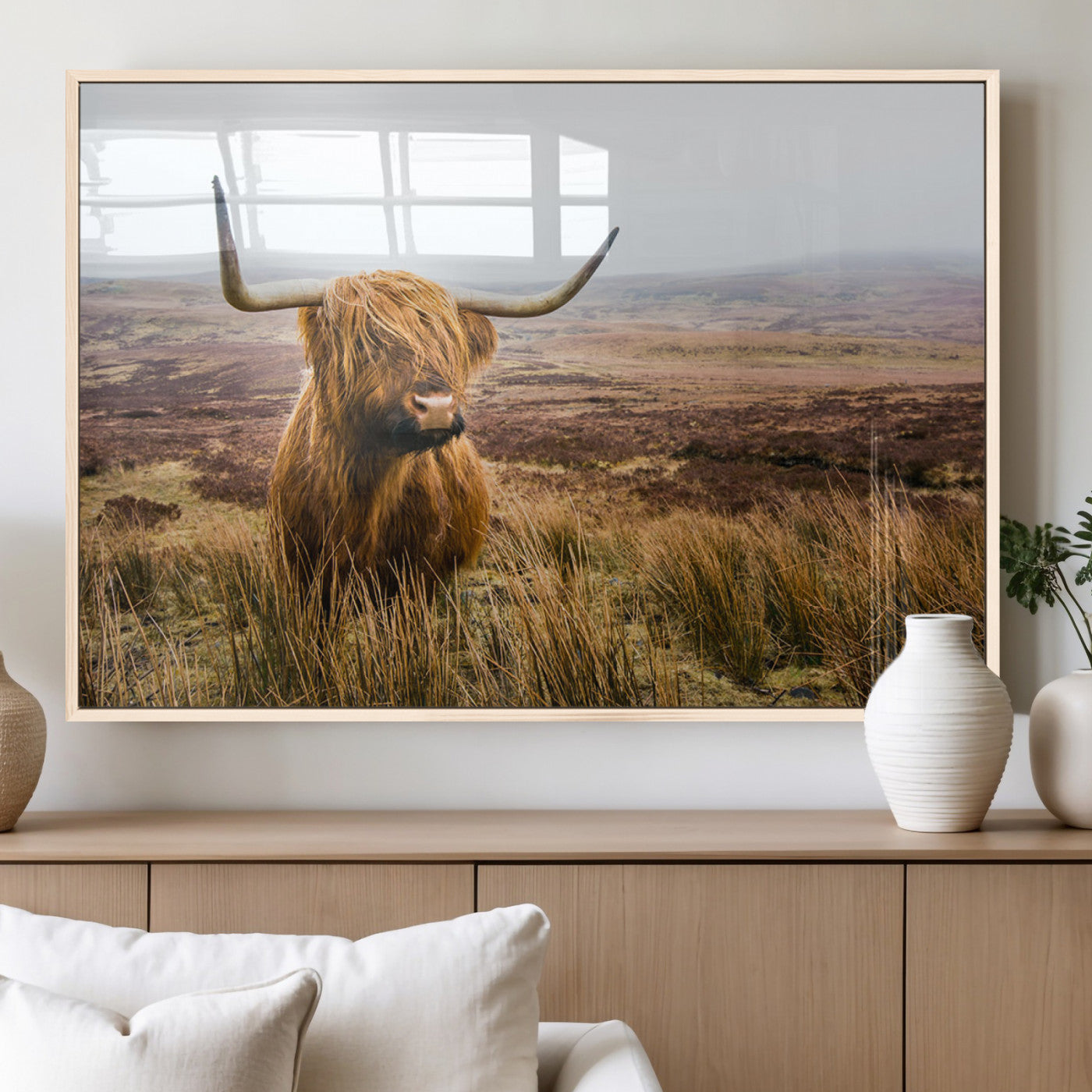 97274-MGV-FP-60X30-3P_Natural-Scottish Highland Cow Canvas Wall Art – Rustic Farmhouse Charm with Highland Cattle – Ready to Hang