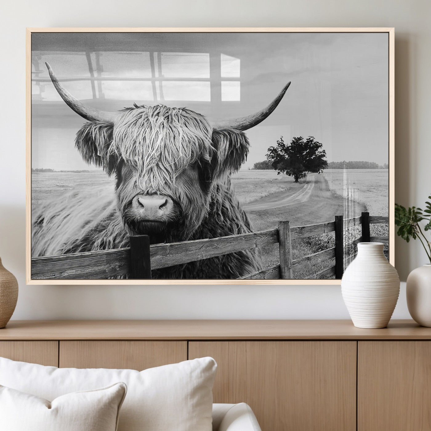 MGV-FP-60X30-3P - Scottish Highland Cow Wall Art | Rustic Farmhouse Décor | Black and White Ready to Hang Canvas Print