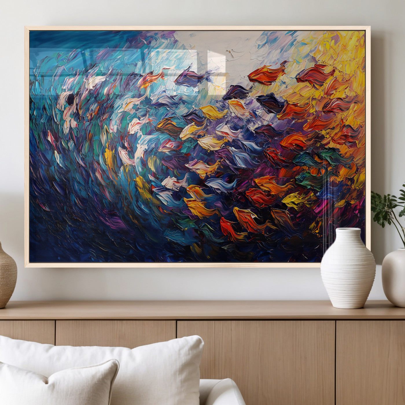 MGV-FP-60X30-3P - Vibrant Abstract Fish Swarm Art – Colorful Fish Inspired 3-Piece Canvas Wall Art for Living Room or