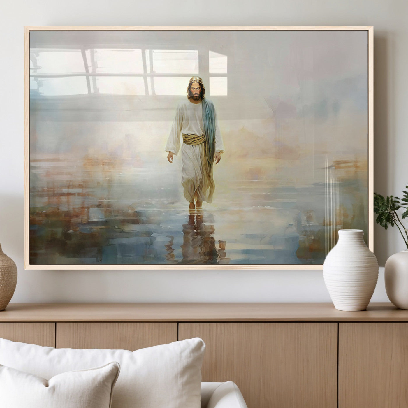 MGV-FP-60X30-3P - Framed Jesus Walking on Water Wall Art - 3-Panel Christian Canvas Prints, Religious Artwork for