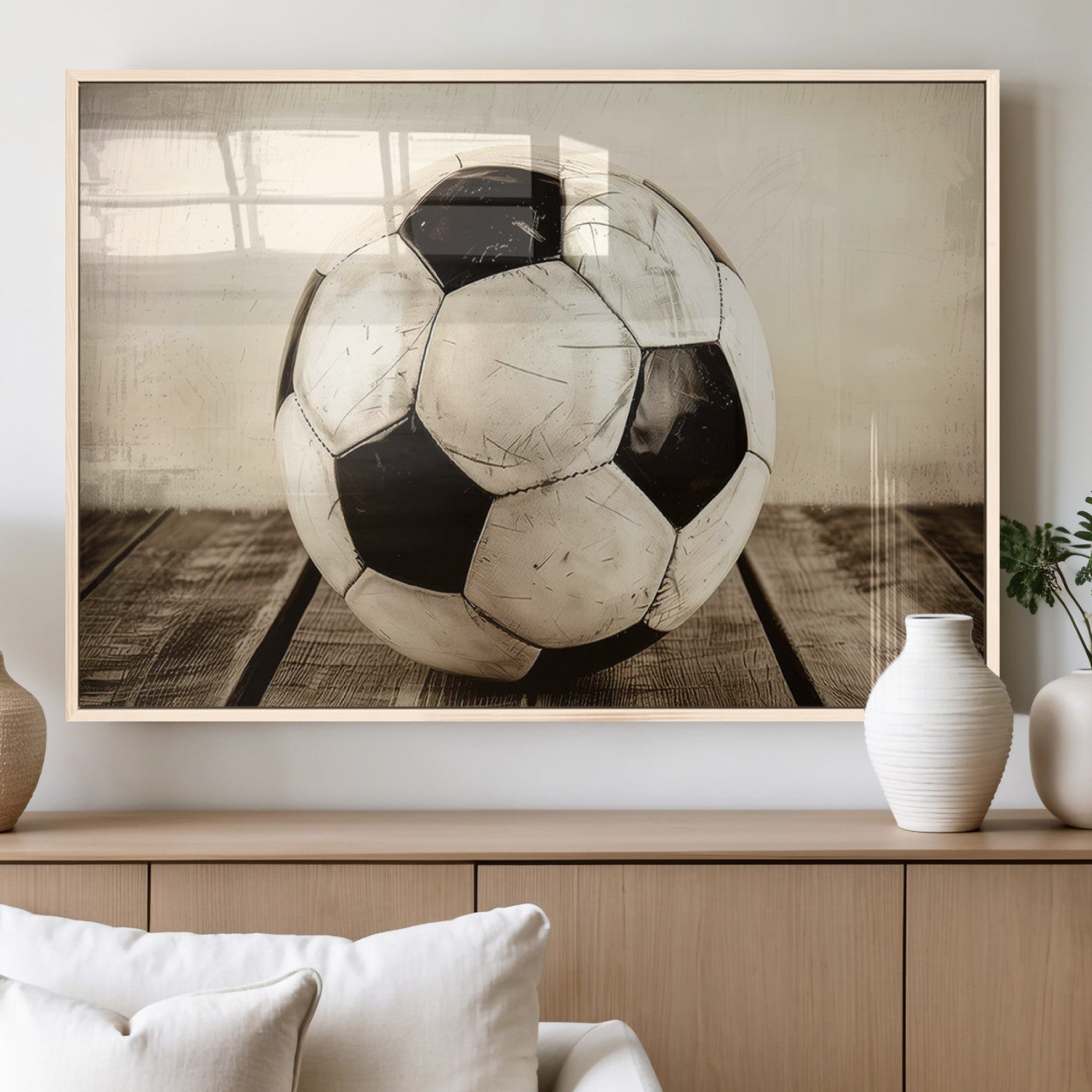 MGV-FP-60X30-3P - Vintage Soccer Ball Wall Decor Canvas Art – 3-Panel Soccer Wall Decor, Framed and Ready to Hang