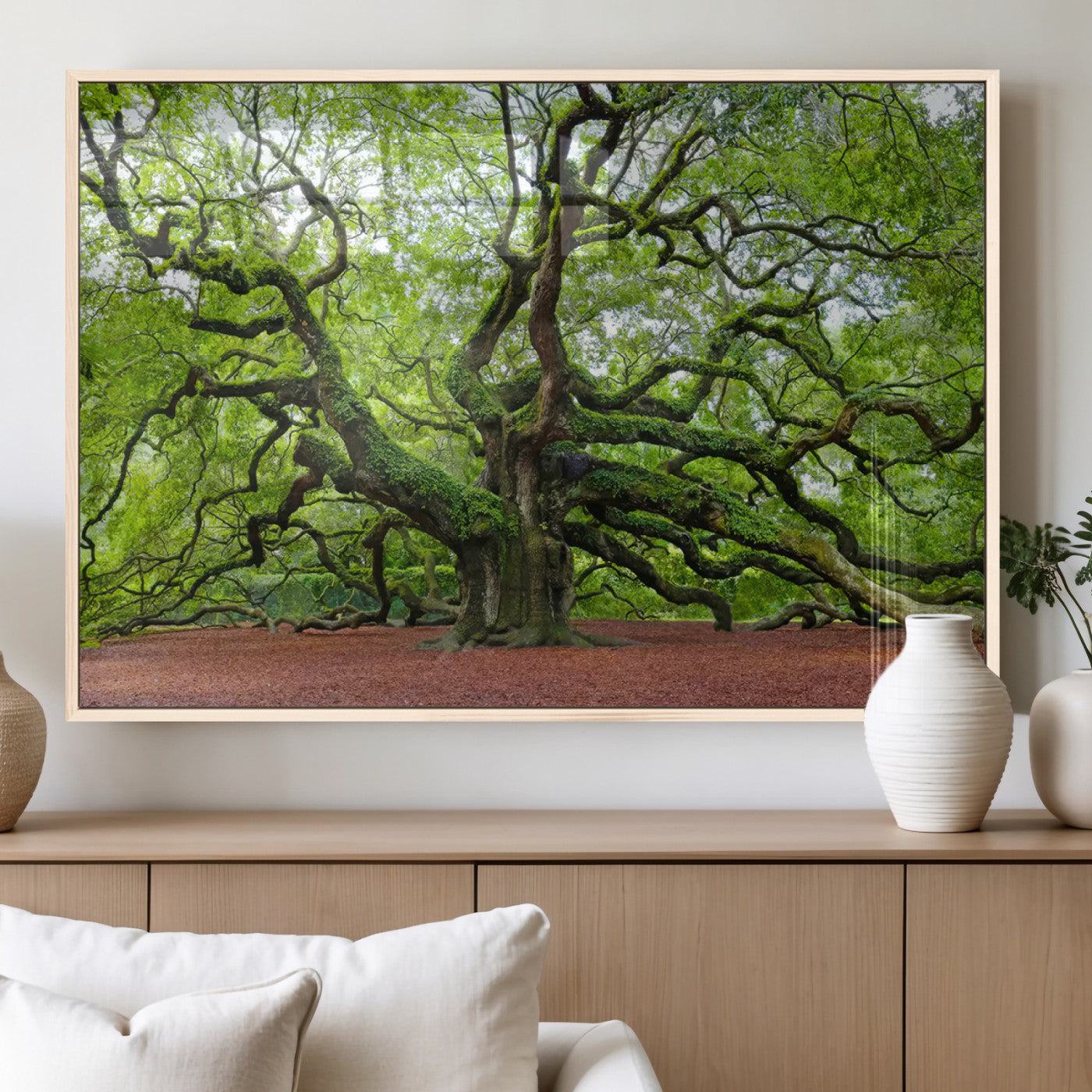 MGV-FP-60X30-3P - Framed Angel Oak Tree Wall Art - 3-Panel Canvas Prints, Large Green Nature Artwork, Ready to Hang