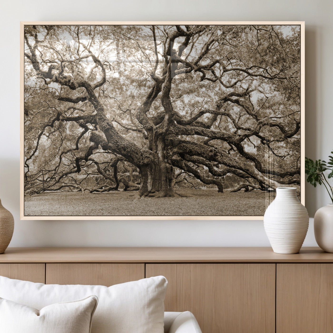 51126-MGV-FP-60X30-3P_Natural-Sepia Framed Angel Oak Tree Wall Art - 3-Panel Canvas Prints, Large Green Nature Artwork, Ready to