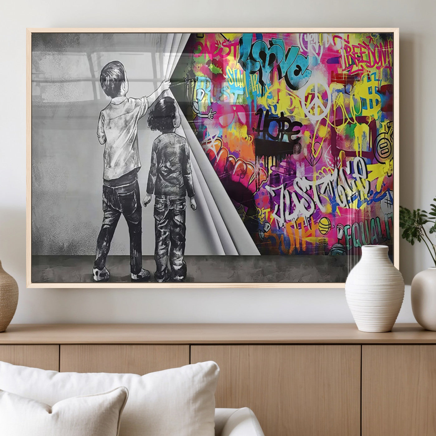 MGV-FP-60X30-3P - Banksy Print - Street Art Canvas Wall Art - Kids Revealing Graffiti, Urban Modern Decor for Living