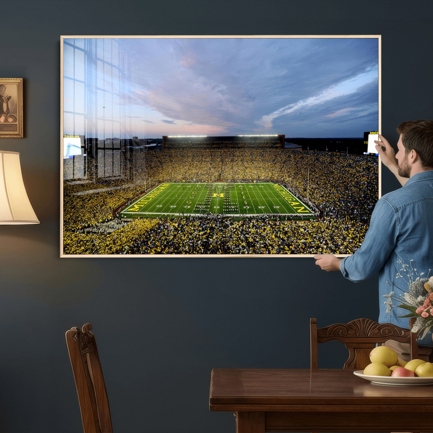 82641-MGV-CV-36X24 - Michigan Stadium Wall Art Canvas Print, Vibrant Game Day Crowd and Sunset Sky Football Field Artwork for Home, Office
