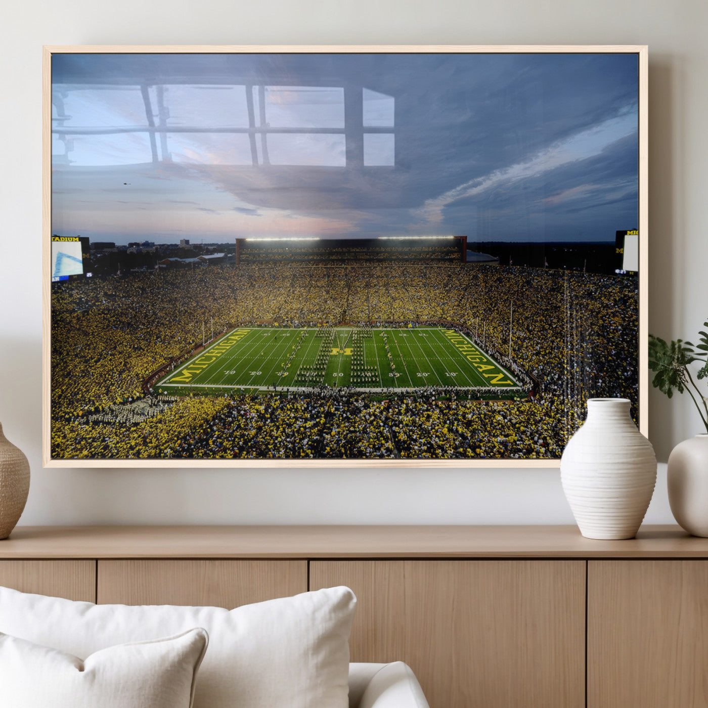 82641-MGV-FP-36X24 - Michigan Stadium Wall Art Canvas Print, Vibrant Game Day Crowd and Sunset Sky Football Field Artwork for Home, Office