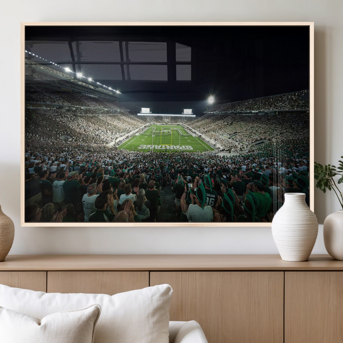 MGV-FP-60X30-3P - Framed Michigan State Spartans Football Team Print - East Lansing Spartan Stadium Wall Art Canvas