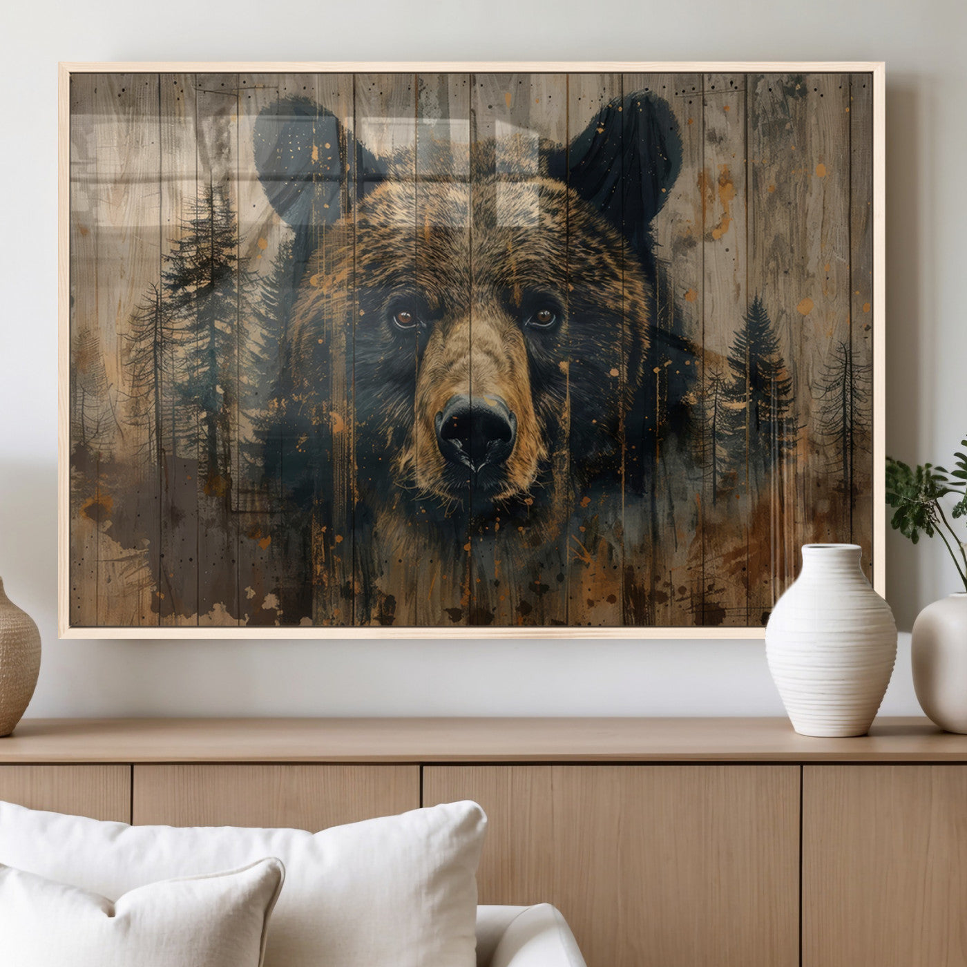 MGV-FP-60X30-3P - Abstract 399 Bear Wall Art | Rustic Cabin Wall Decor with Forest Design | Framed and Ready to Hang |