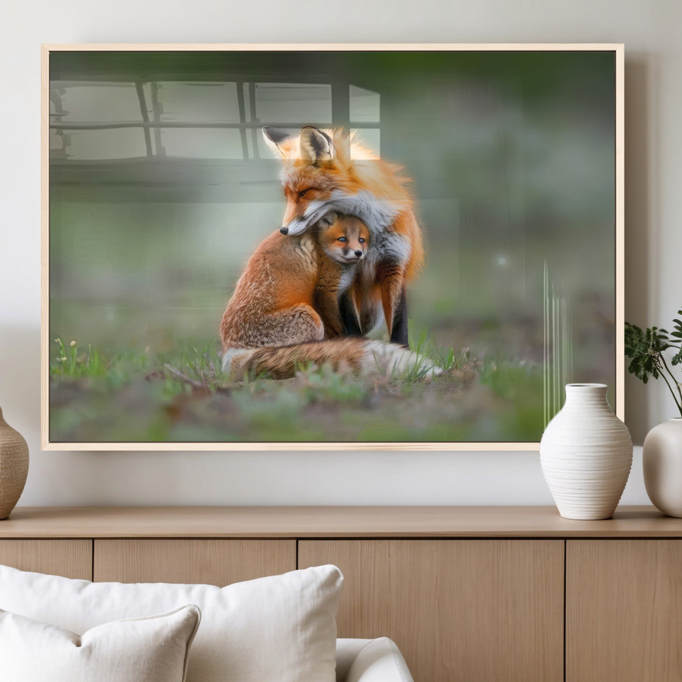 MGV-FP-60X30-3P - Heartwarming Fox and Baby Cub Wall Art | Ready to Hang Canvas Print of Foxes in Nature | Perfect for