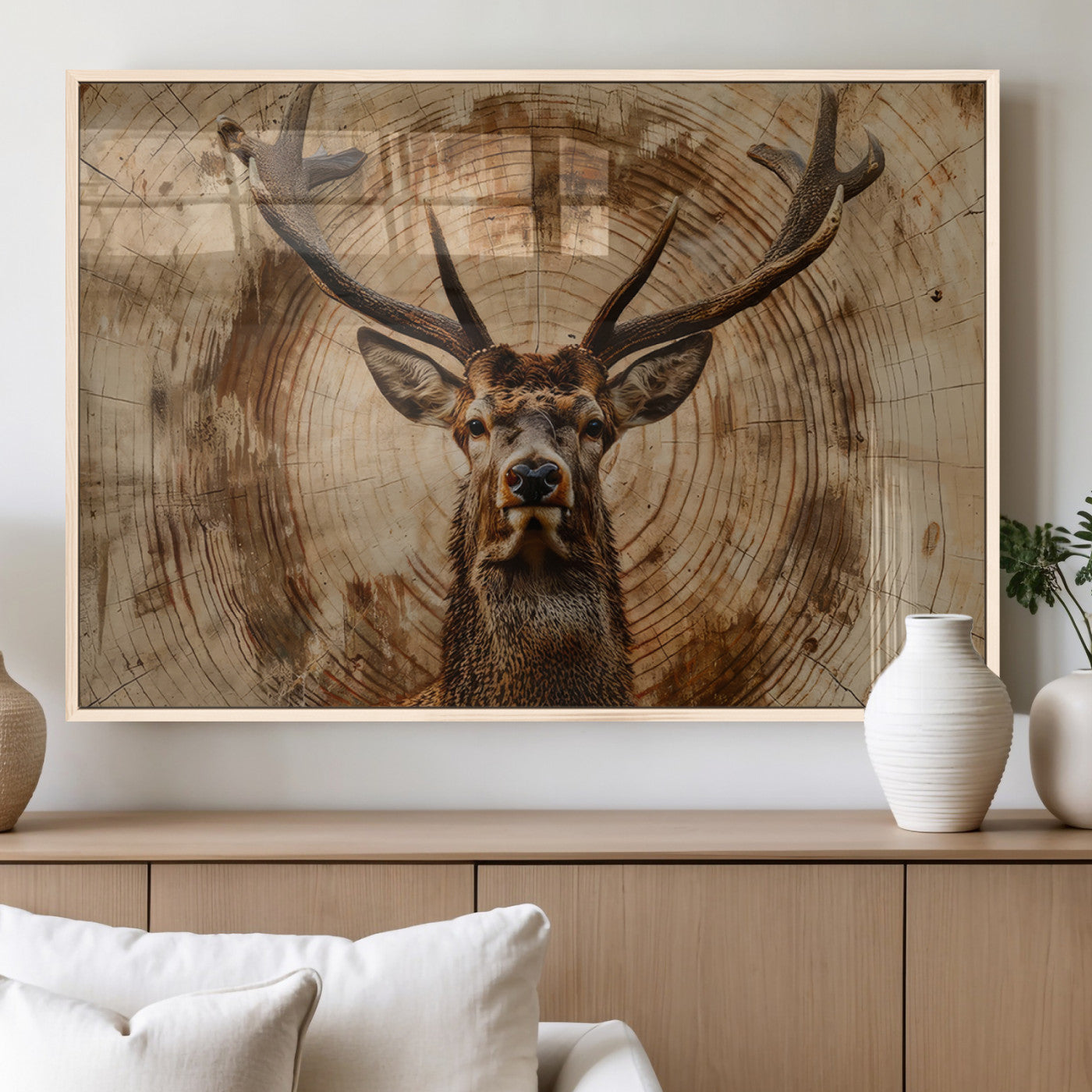 MGV-FP-60X30-3P - Wood Abstract Deer Wall Art | Rustic Wildlife Canvas Print | Ready to Hang Stag Head Triptych for