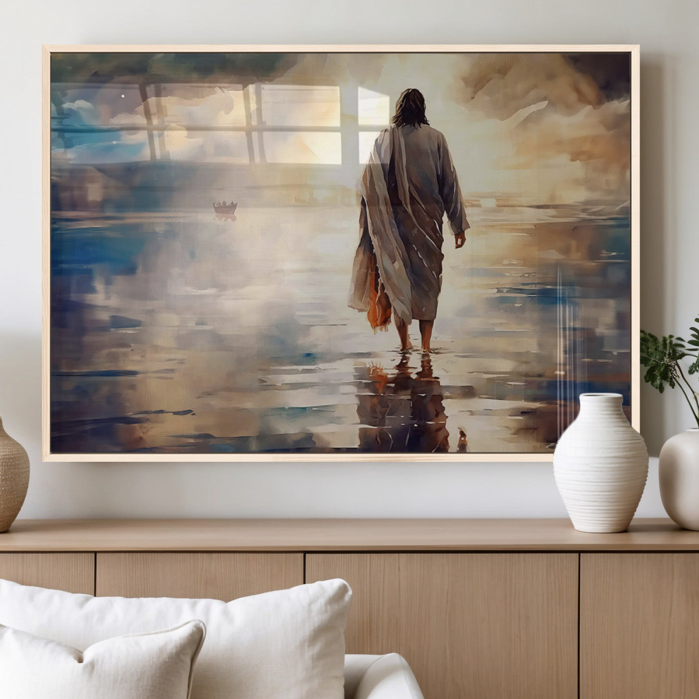 MGV-FP-60X30-3P - Jesus Walking on Water Wall Art | Ready to Hang Spiritual Triptych Canvas Print | Inspirational